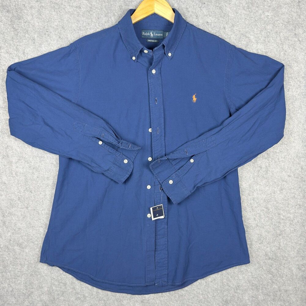 NOS Polo Ralph Lauren Custom Fit L Blue Cotton Button Down Shirt Orange Pony